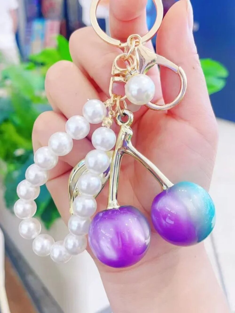 5/$20 Purple Pearl Cherry Bag Charm Keychain Gold